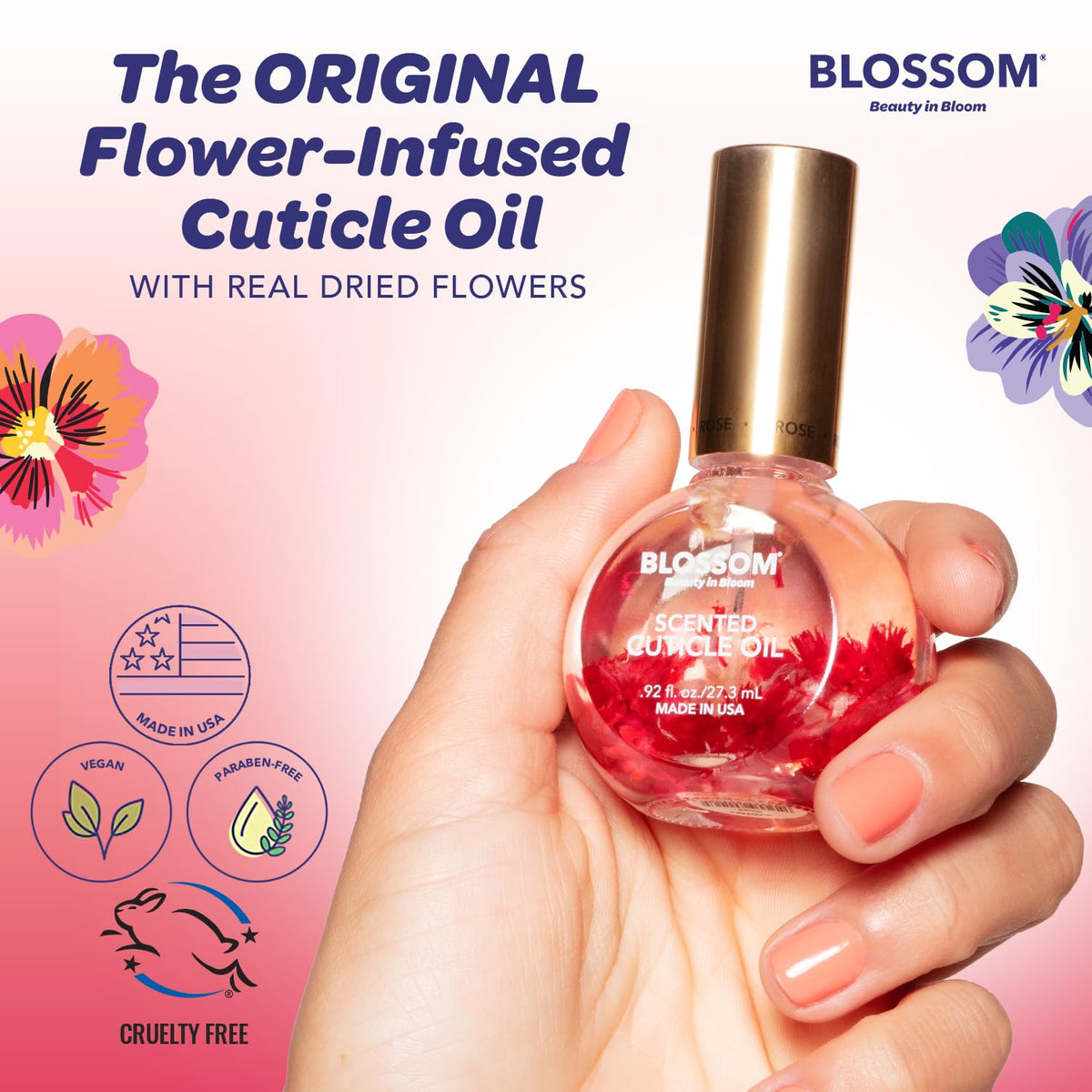 Blossom Cuticle Oil Raspberry Scent with flowers on display