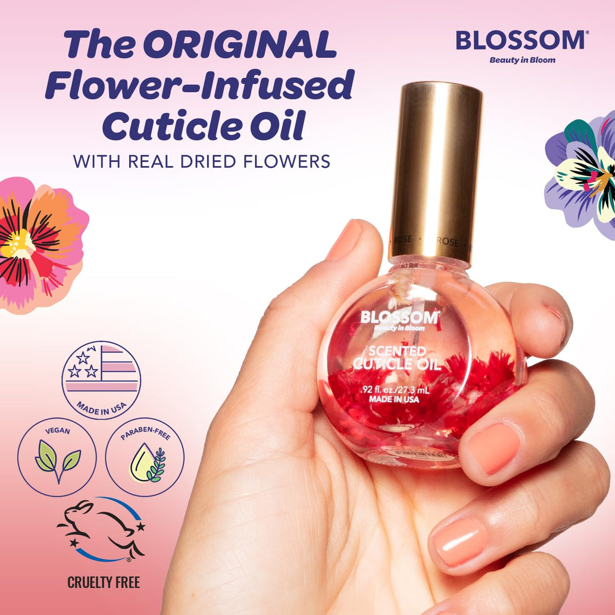 Blossom Cuticle Oil showing essential oil ingredients
