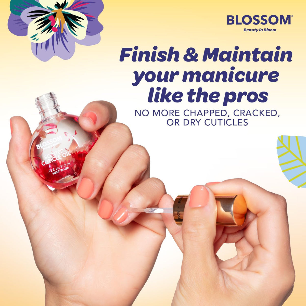 Blossom Cuticle Oil with floral design and Glazed Donut scent