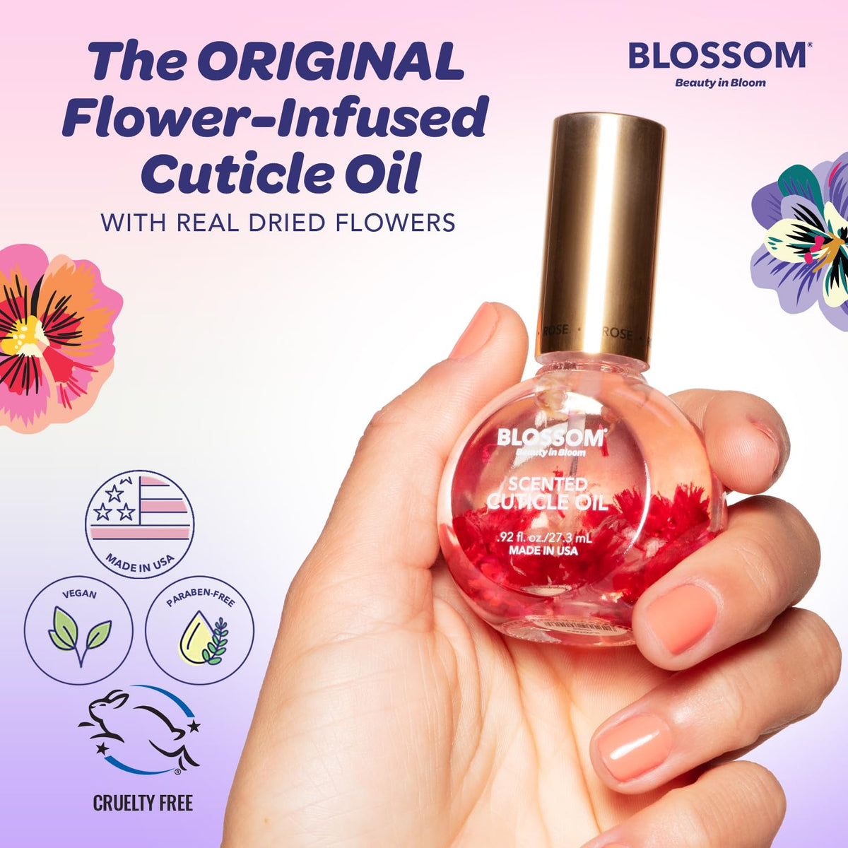 Blossom Cuticle Oil with lavender and rose flowers