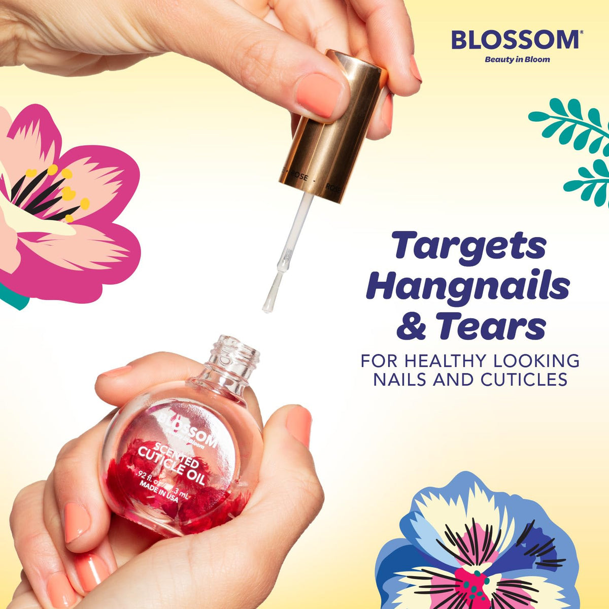 Blossom Cuticle Oil with lavender and rose petals visible