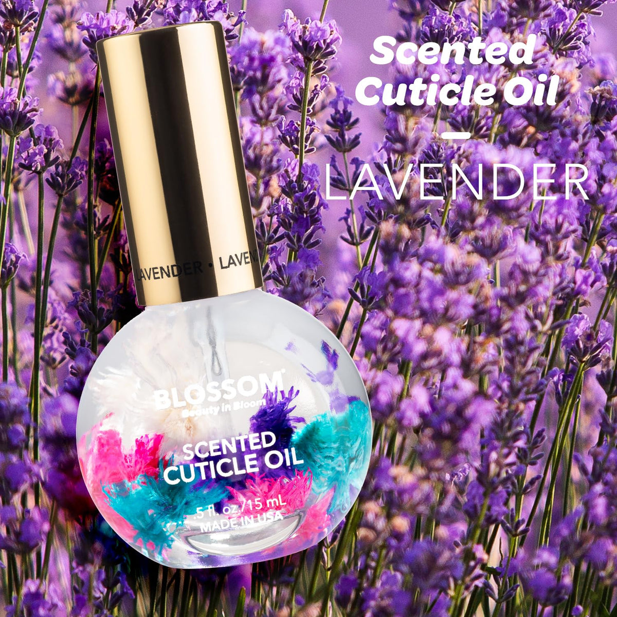 Blossom Lavender Cuticle Oil 0.5 fl. oz back view showing ingredients