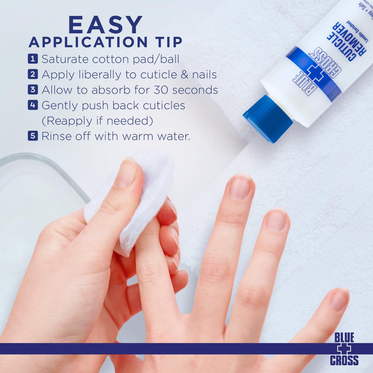Blue Cross Cuticle Remover application on nails
