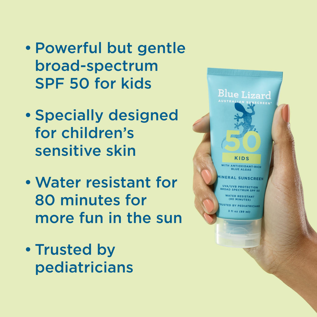 BLUE LIZARD Kids Mineral Sunscreen Lotion SPF 50 showing packaging details