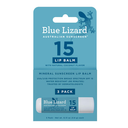 BLUE LIZARD Mineral SPF 15 Lip Balm 3-Pack with coconut flavour tubes