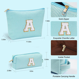 Blue YOOLIFE Personalized Initial Makeup Bag displayed with initials