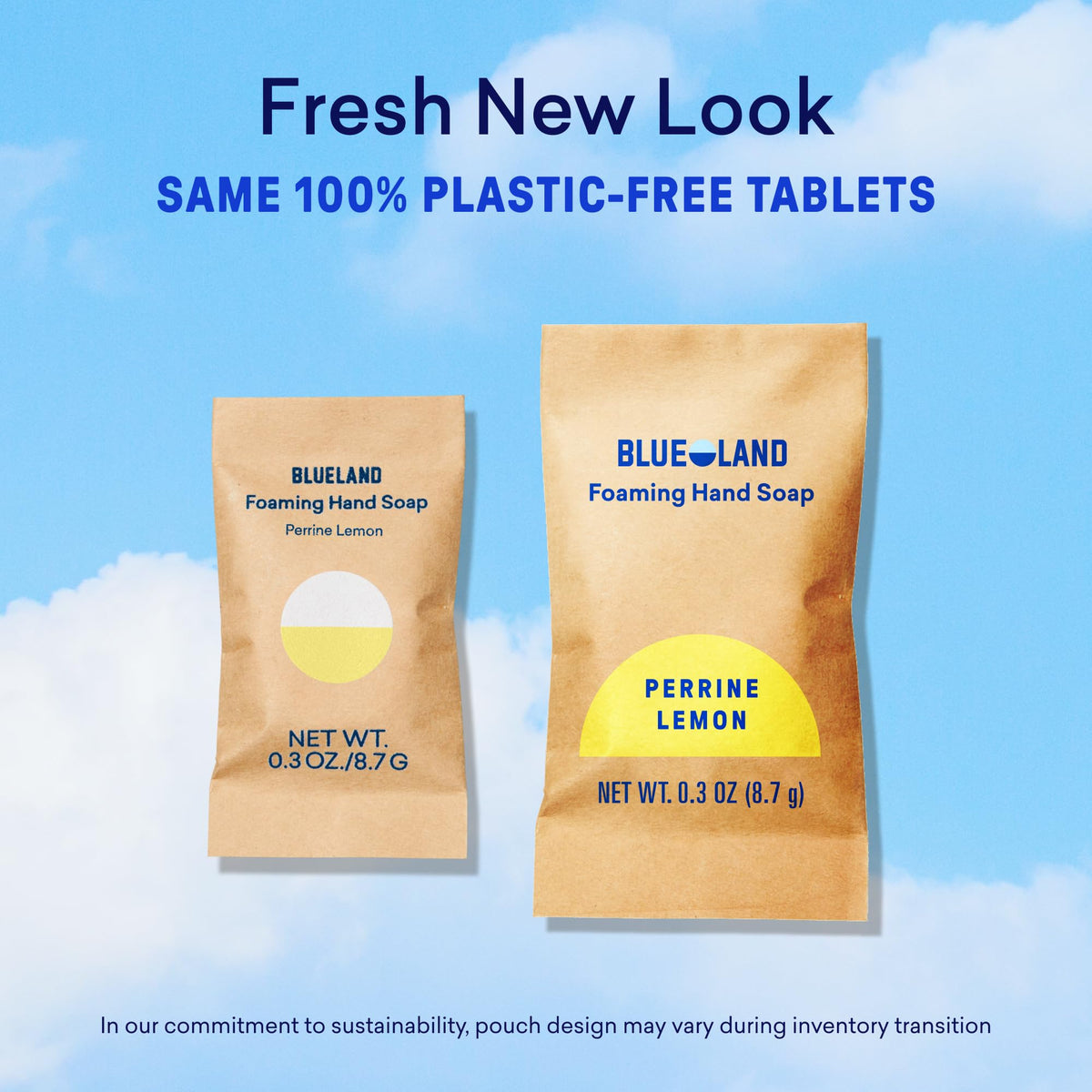 BLUELAND Foaming Hand Soap tablets displayed on a kitchen counter