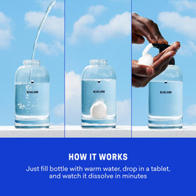 BLUELAND refillable glass Forever Bottle with foaming hand soap