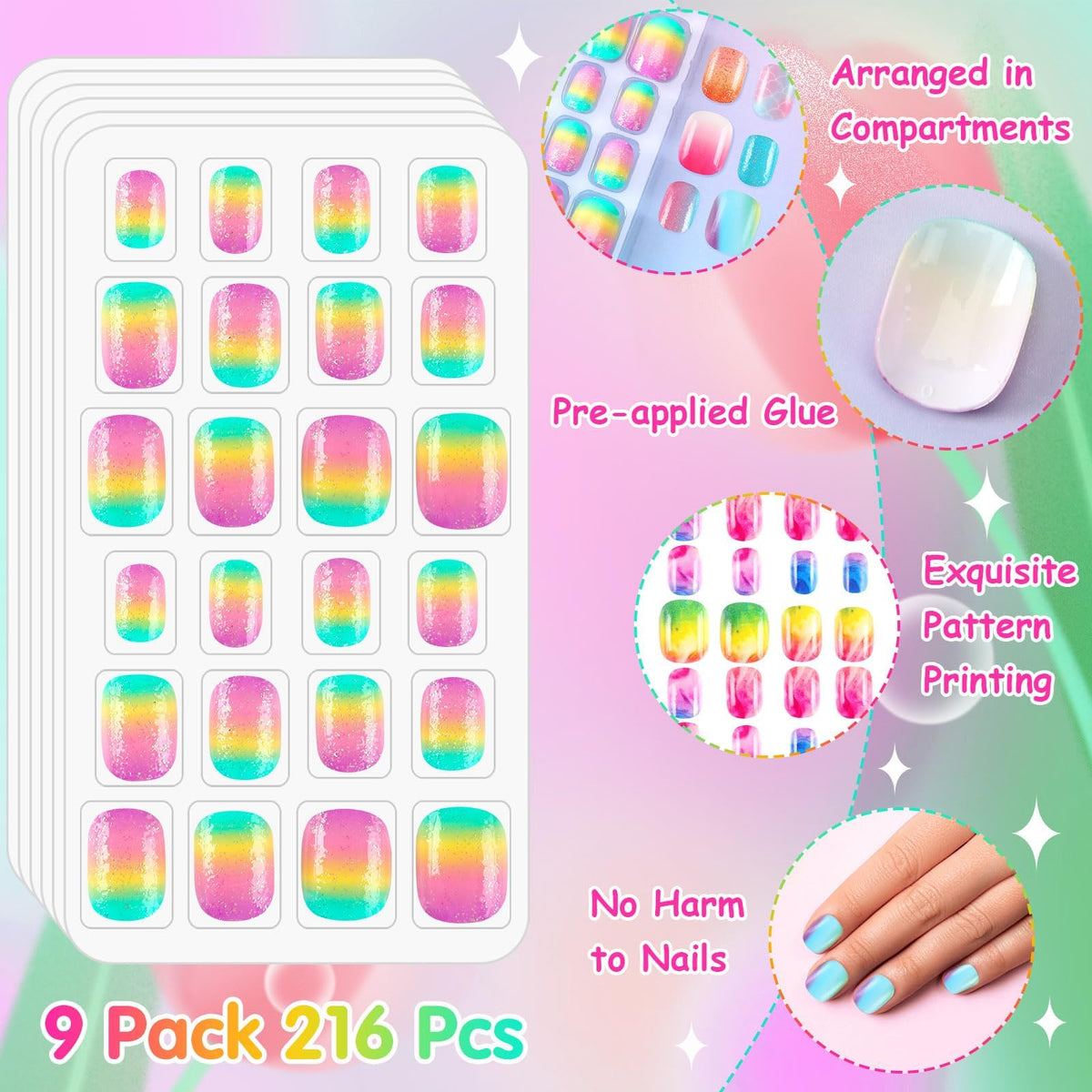 BOARDFEB Kids Press On Nails 216 Pcs displayed on a table with vibrant colours