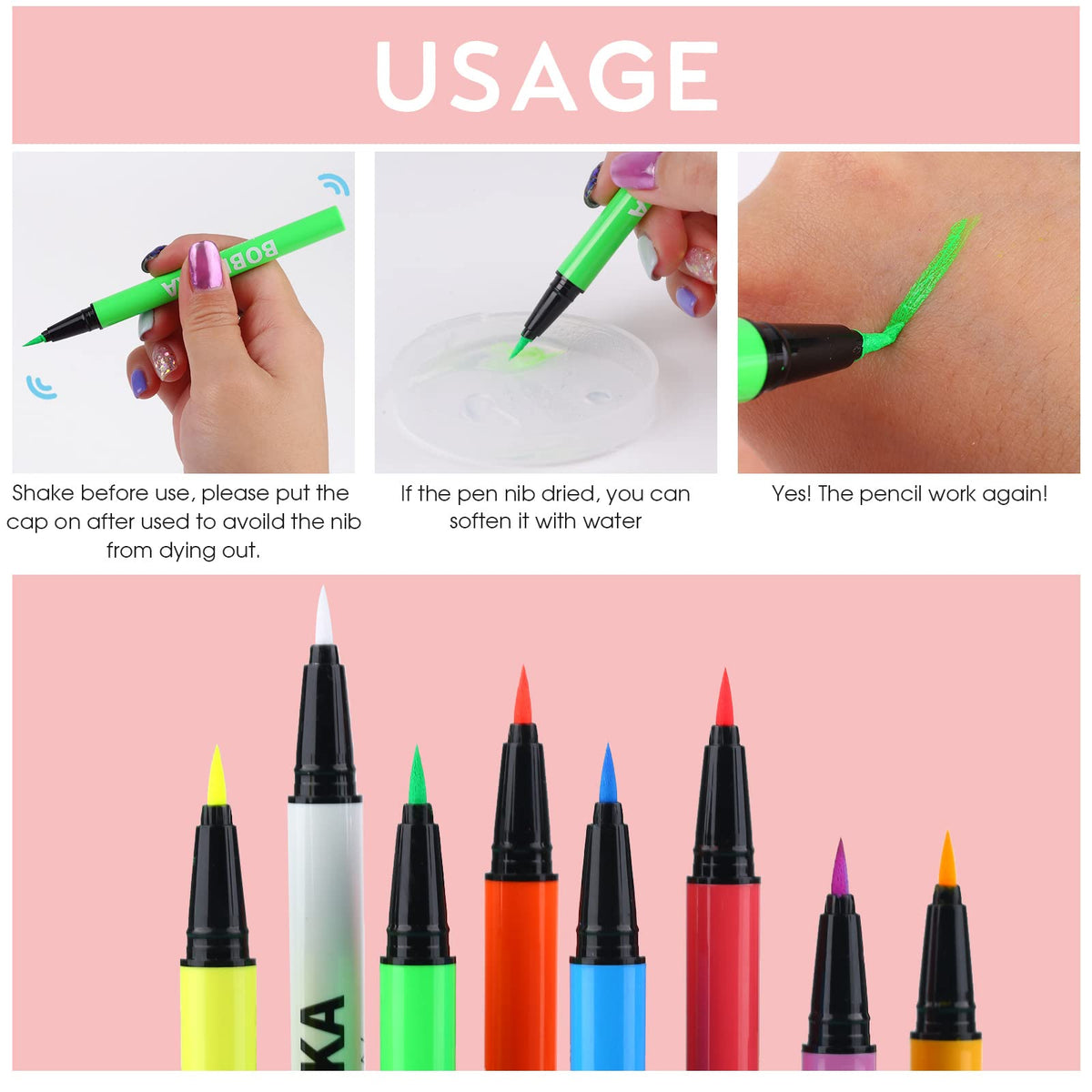 BOBISUKA Neon Eyeliner in various colours on a makeup table