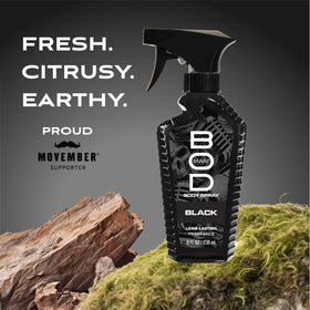 BOD man Black Fragrance Body Spray side view showing easy-spray trigger