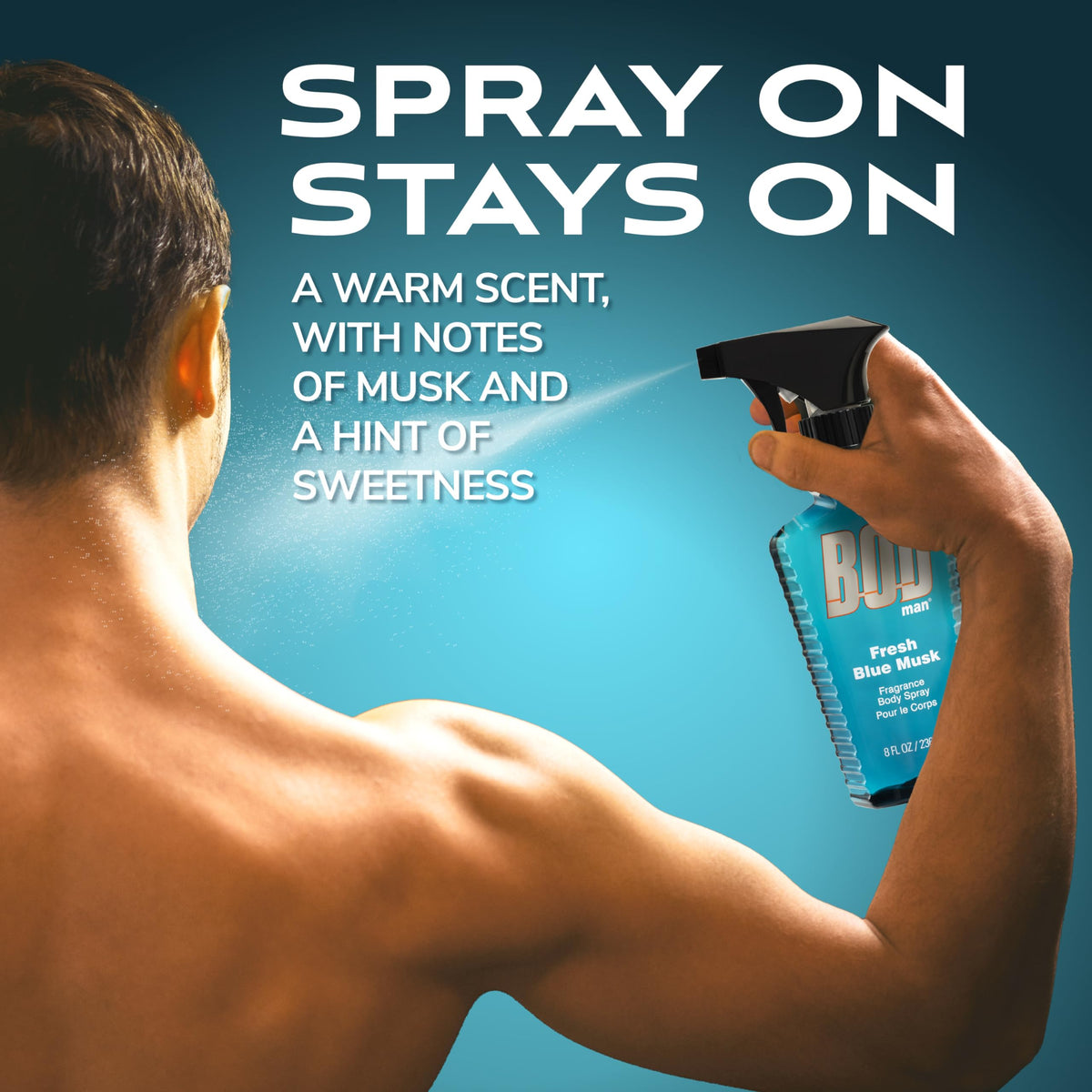 BOD man Fresh Blue Musk Body Spray lifestyle scene on a bathroom shelf