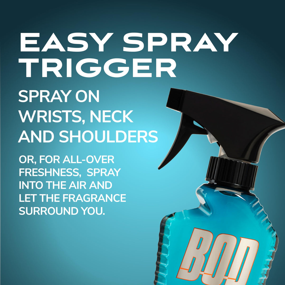 BOD man Fresh Blue Musk Body Spray side view with easy-spray trigger