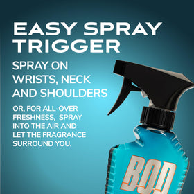 BOD man Fresh Blue Musk Body Spray side view with easy-spray trigger