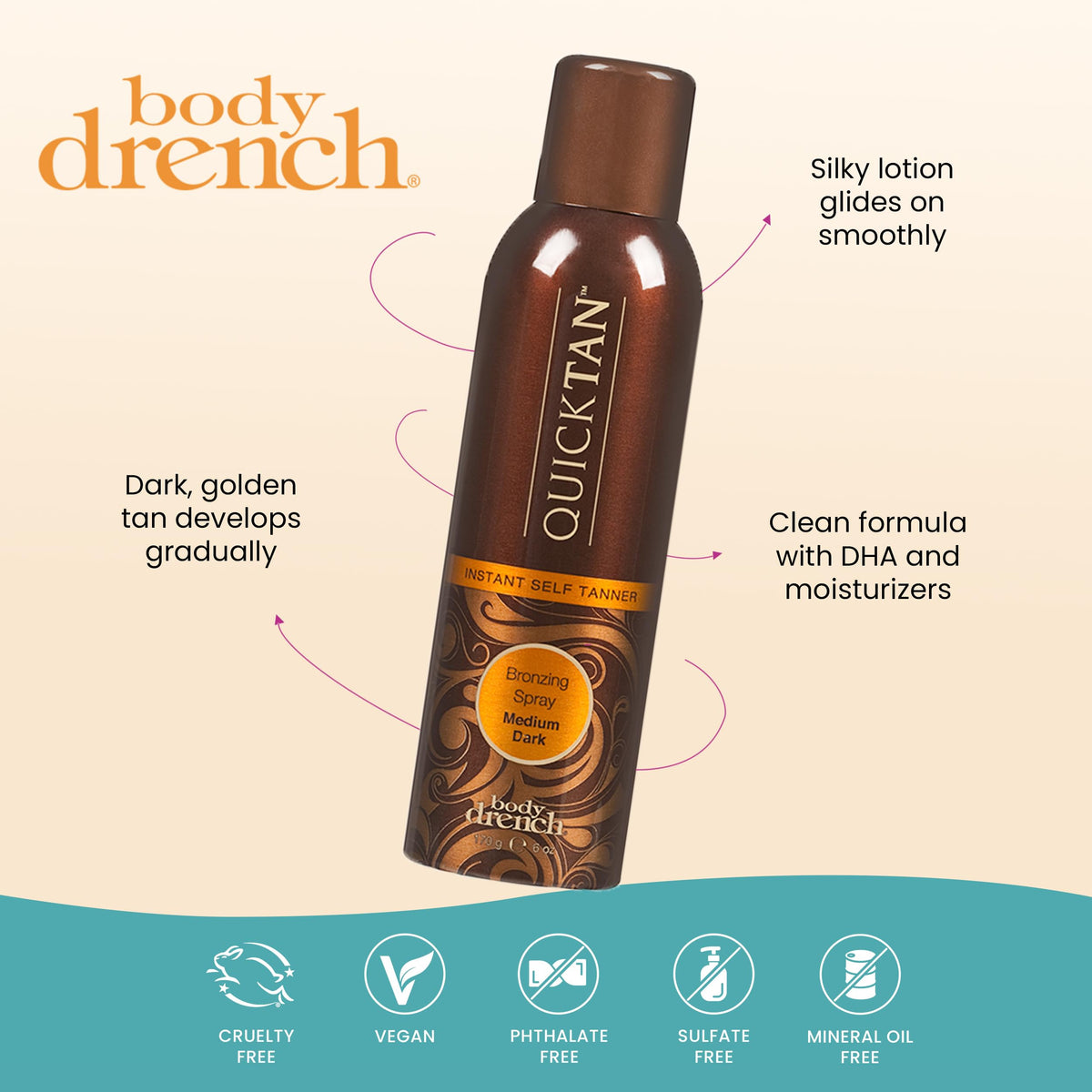 Body Drench QuickTan bronzing spray lifestyle scene on a bathroom counter