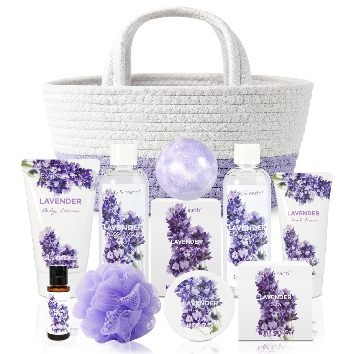 BODY & EARTH 11pcs Lavender Spa Gift Basket front view