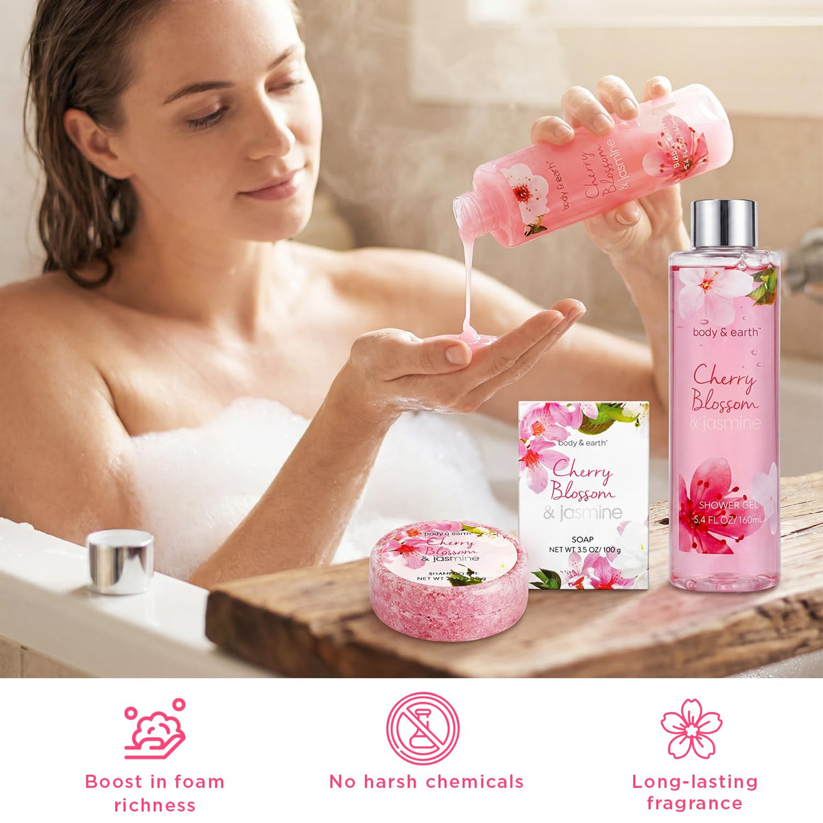 BODY & EARTH body lotion tube with cherry blossom illustration