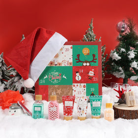 BODY & EARTH Christmas Advent Calendar 2025 open showing bath bomb and lotions