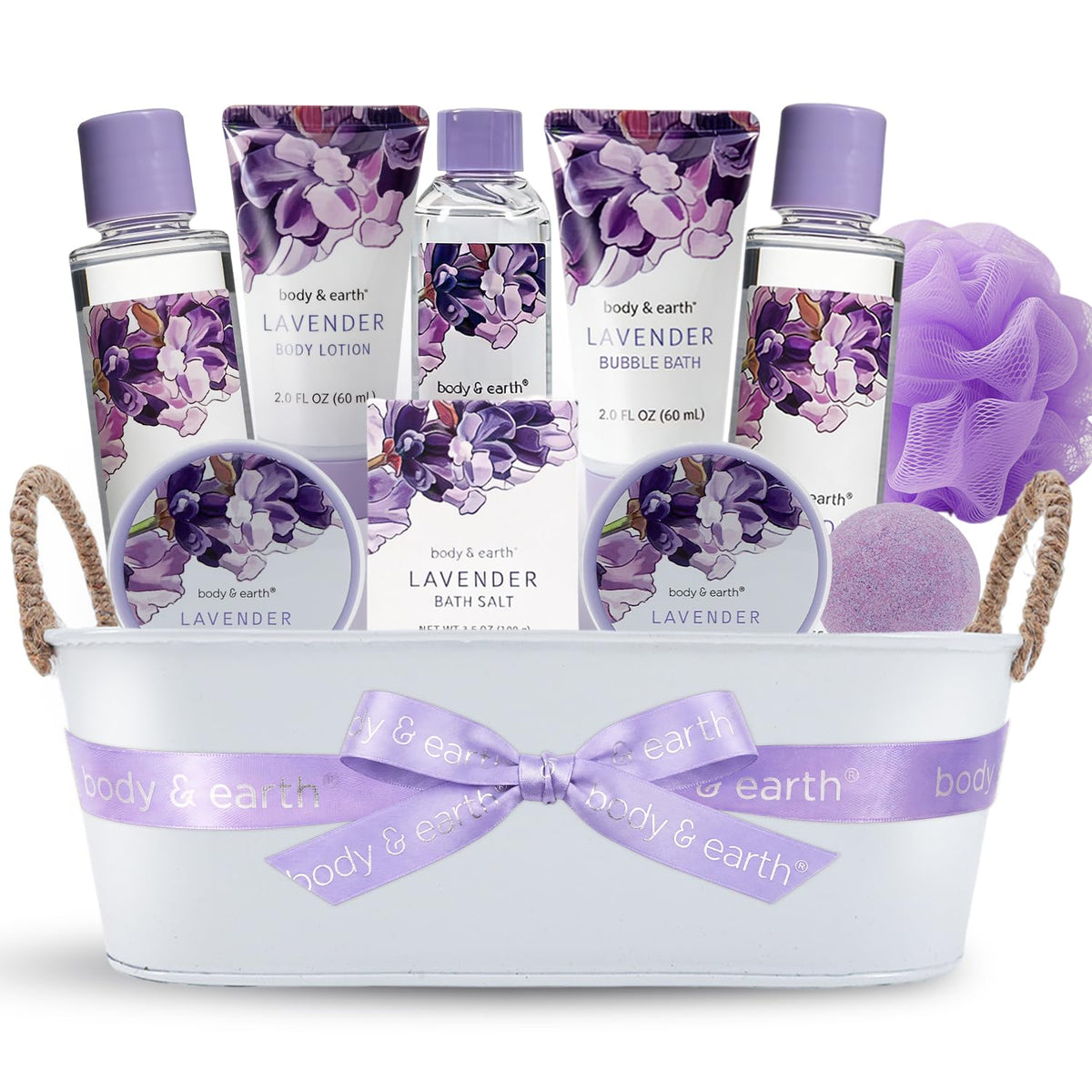 BODY & EARTH Lavender Spa Gift Basket front view with all items