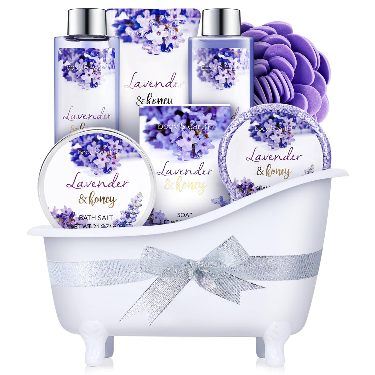 BODY & EARTH Lavender Spa Gift Set front view with 8 pieces