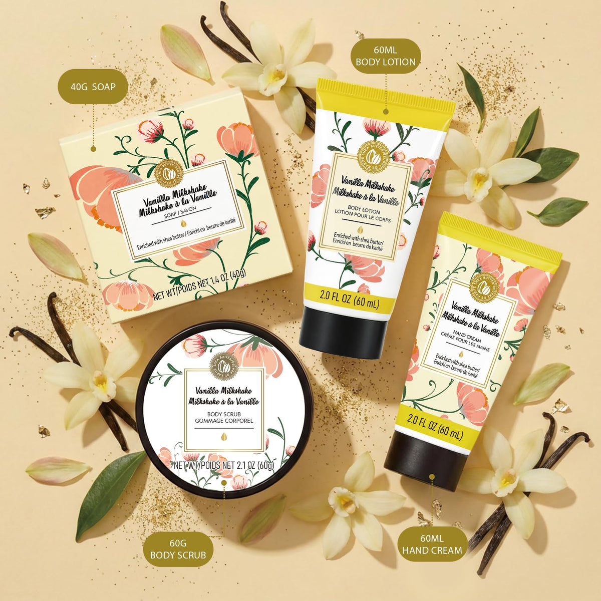 BODY & EARTH # LOVE Hand Cream, body lotion, body scrub, and soap in set