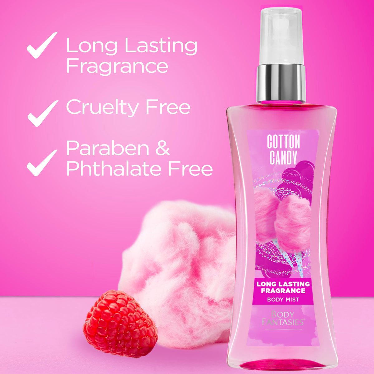 Body Fantasies Cotton Candy Body Spray with cotton candy background