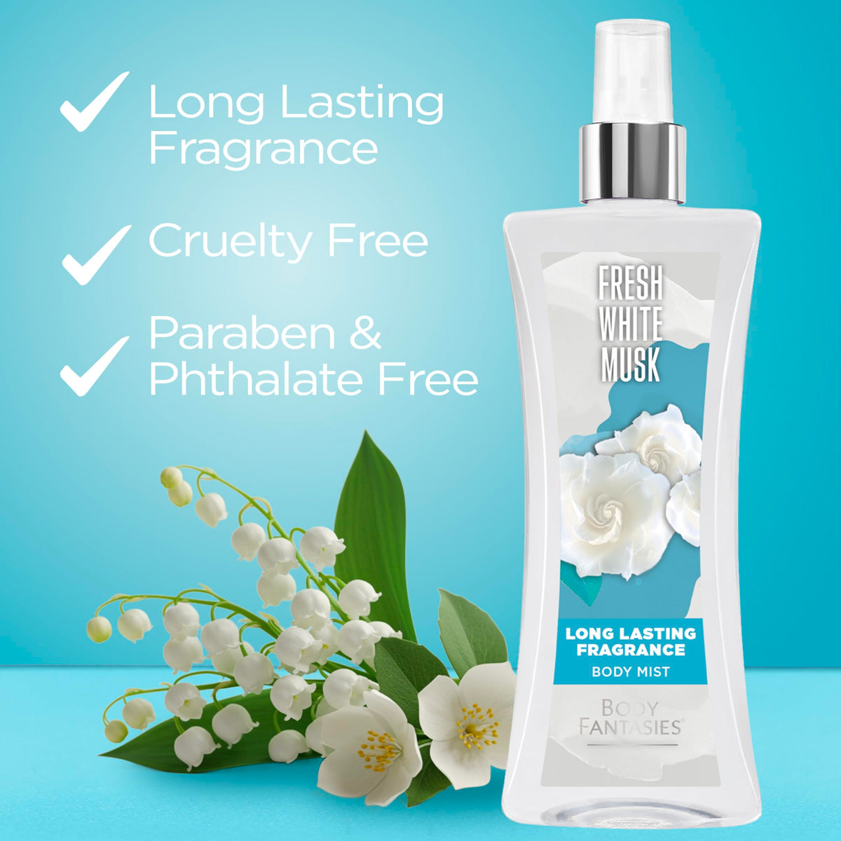 Body Fantasies Fresh White Musk Body Spray in a bathroom setting