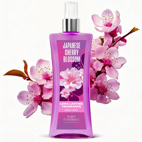 Body Fantasies Japanese Cherry Blossom Body Spray on a vanity