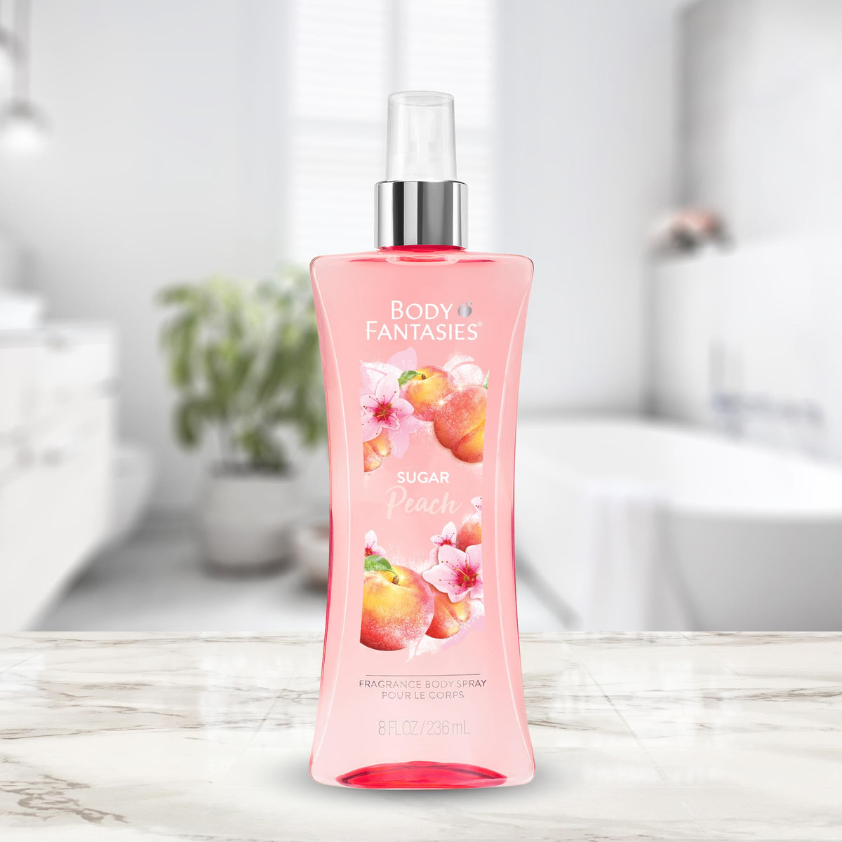 Body Fantasies Sugar Peach Body Spray 8 fl oz close-up of the bottle