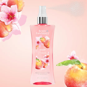 Body Fantasies Sugar Peach Body Spray 8 fl oz with floral background