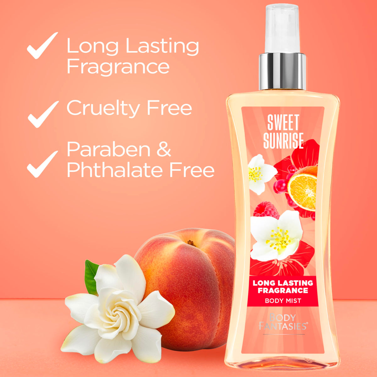 Body Fantasies Sweet Sunrise Body Spray with floral background