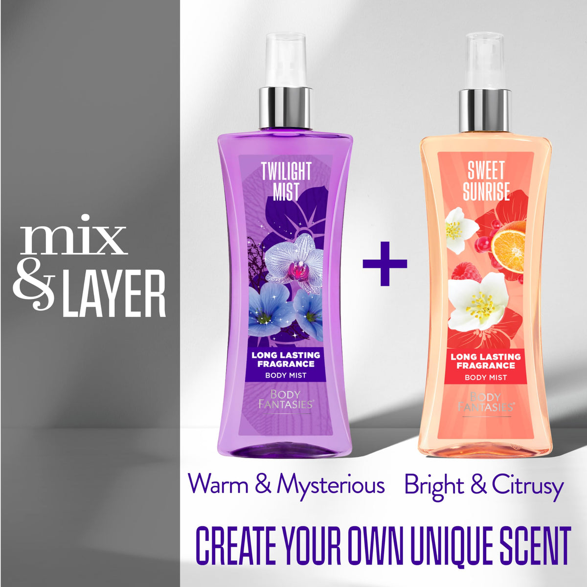 Body Fantasies Twilight Mist Body Spray with floral background
