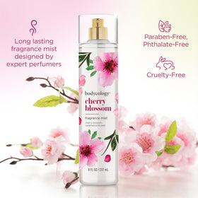 Bodycology Cherry Blossom Body Mist 8 fl oz with floral background