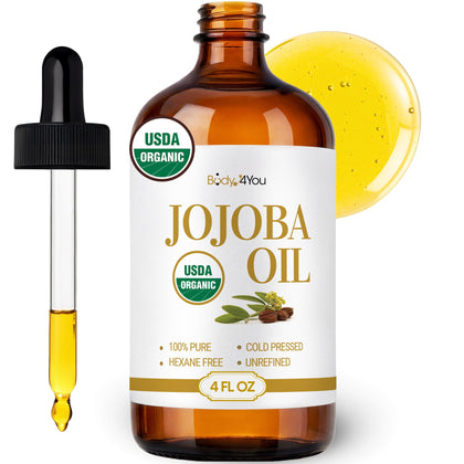 BodyJ4You Organic Golden Jojoba Oil front view in amber glass bottle