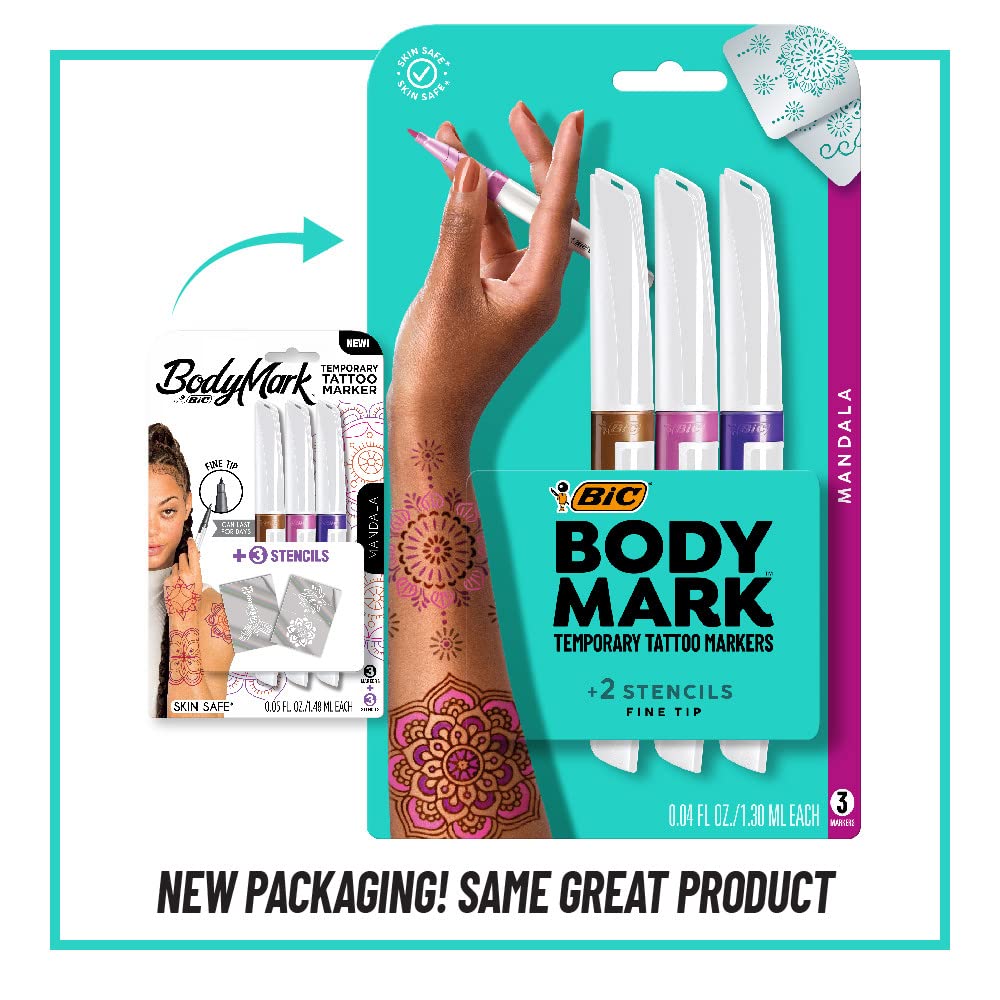 BODYMARK Temporary Tattoo Markers with stencils on display