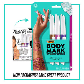 BODYMARK Temporary Tattoo Markers with stencils on display