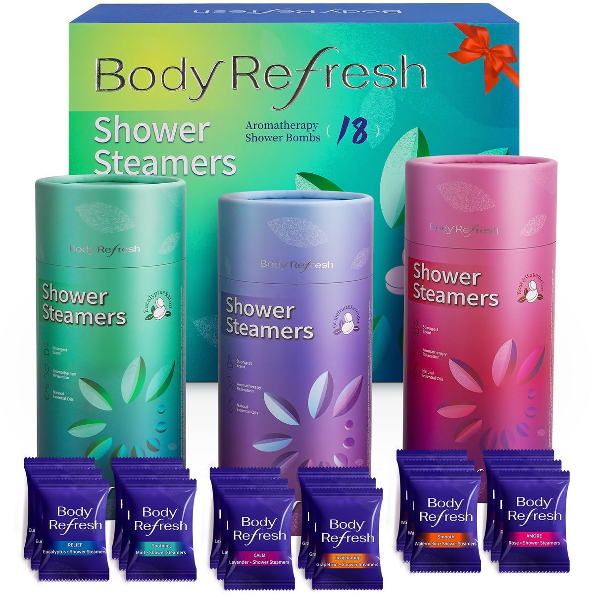 BodyRefresh Shower Steamers 18 Pack with bright green packaging
