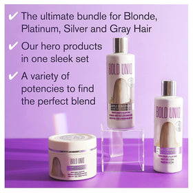 BOLD UNIQ Purple Shampoo, Conditioner & Mask Trio Gift Set packaging