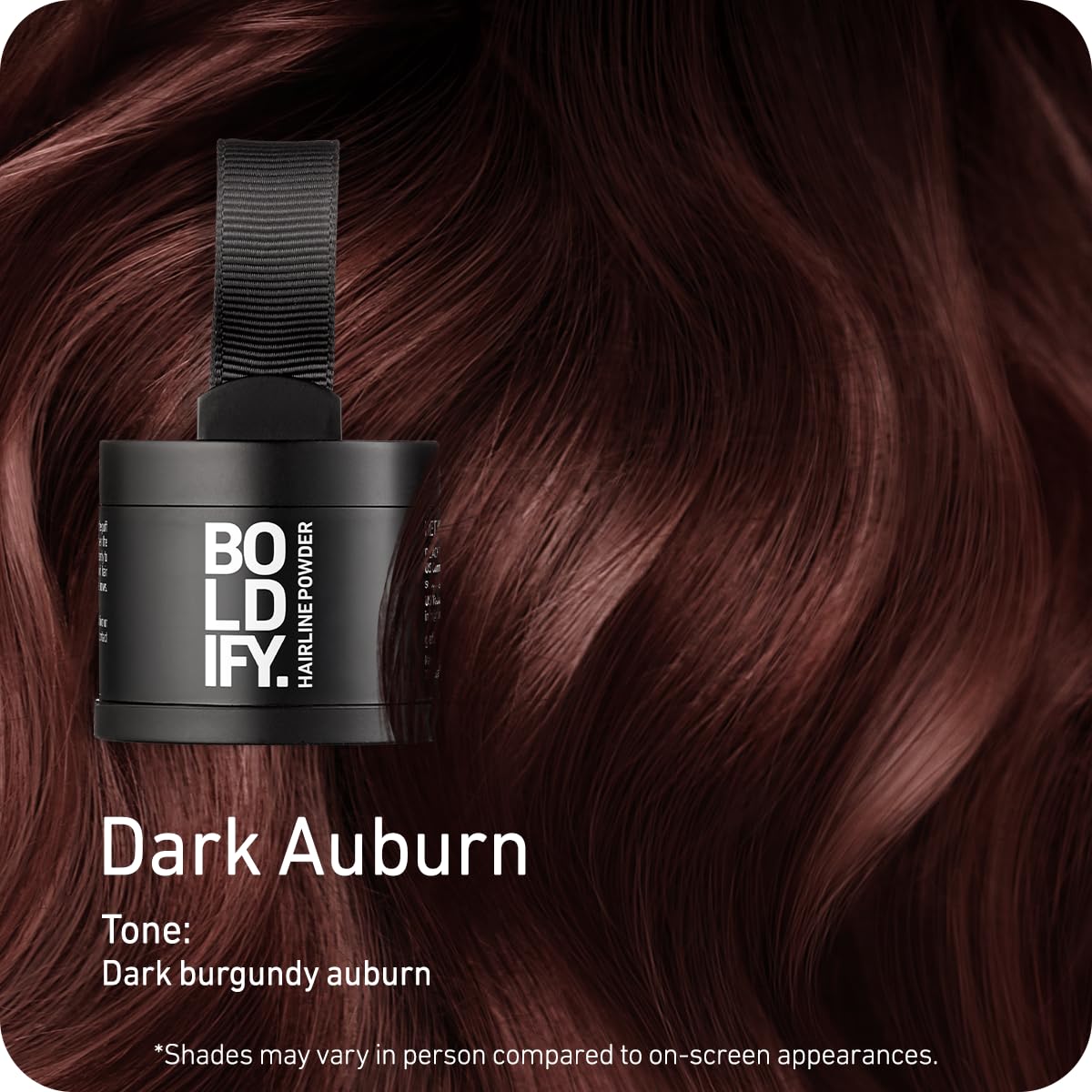Boldify Hairline Powder Dark Auburn showing application on hair