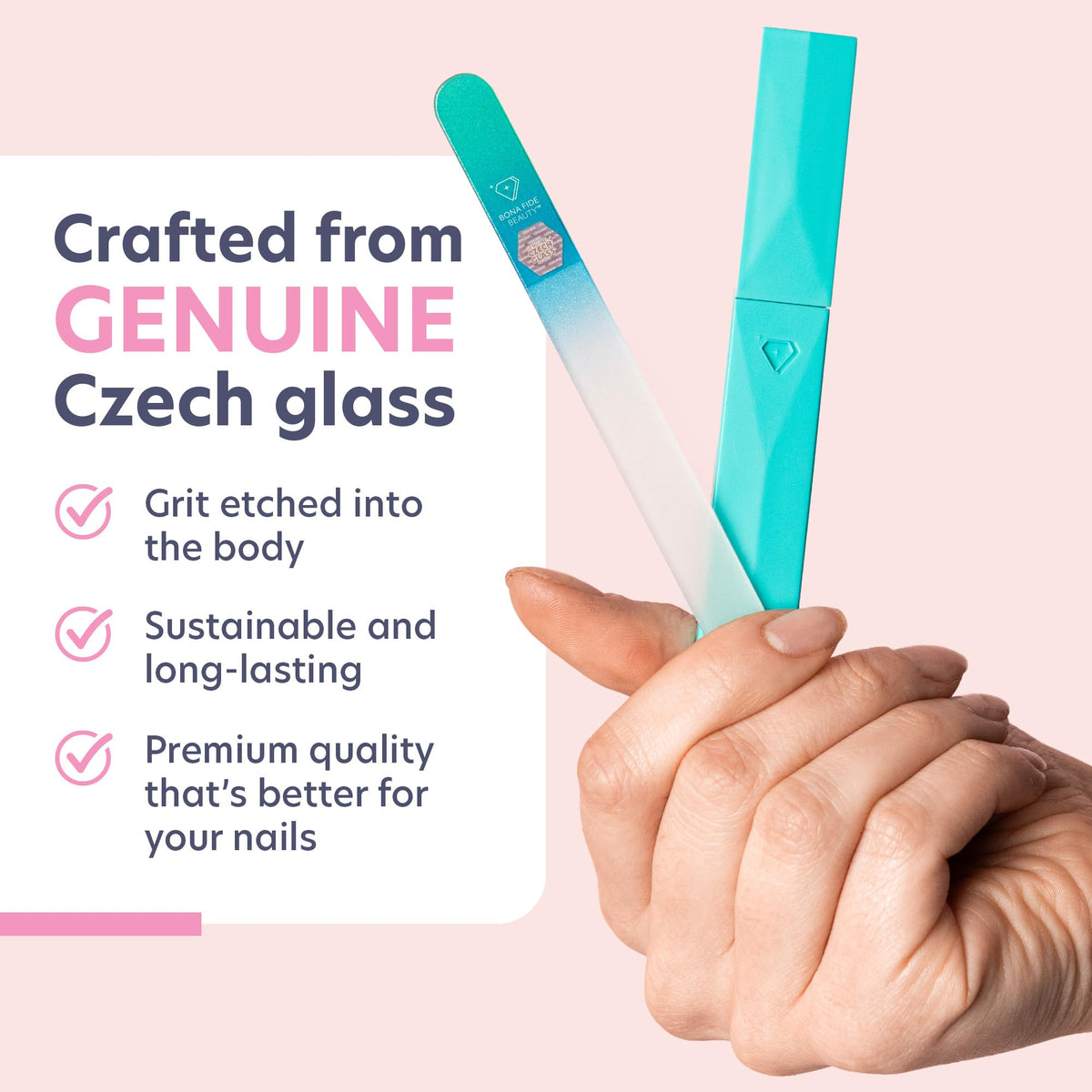 BONA FIDE BEAUTY Glass Nail File Aqua close-up of the grit