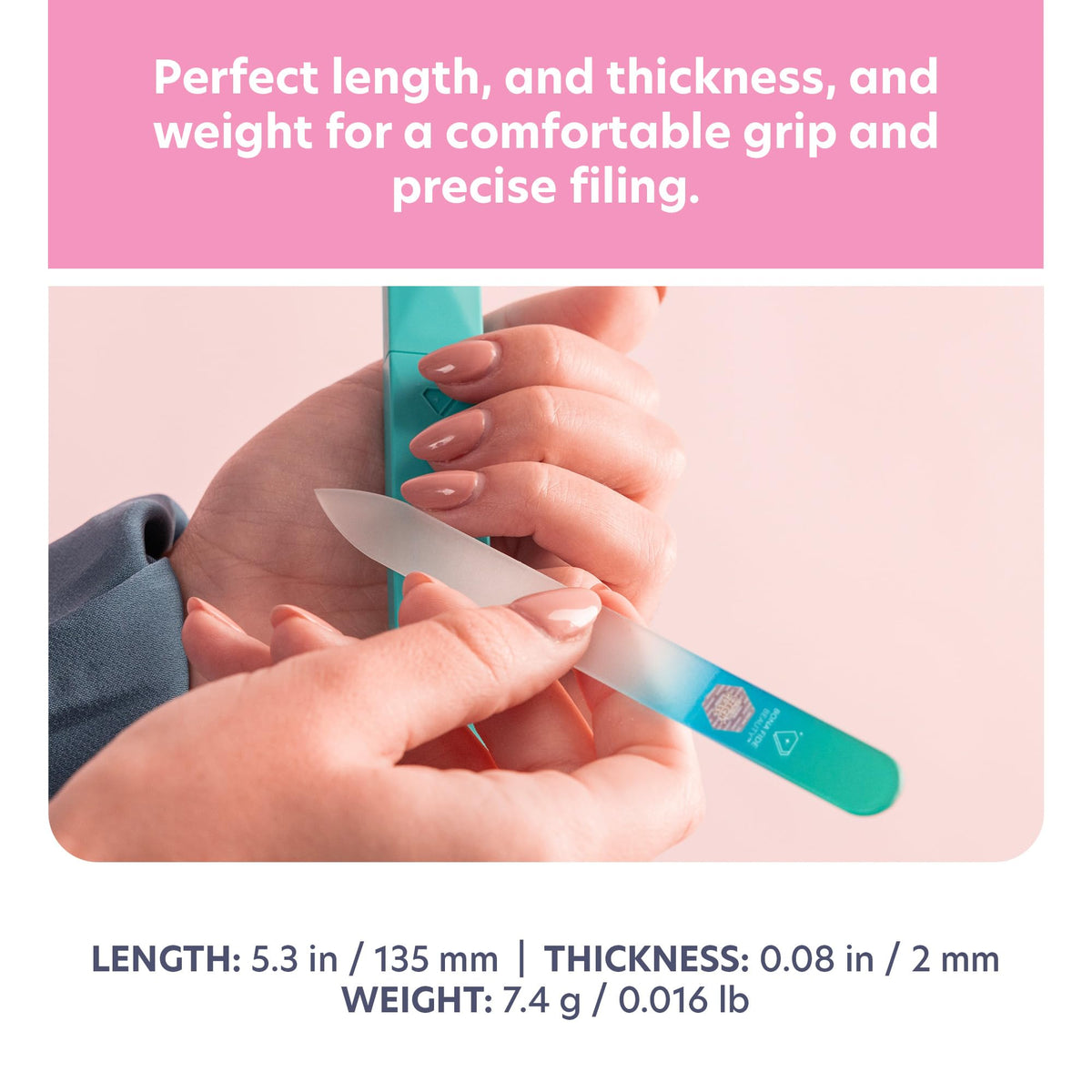 BONA FIDE BEAUTY Glass Nail File Aqua in hand for use