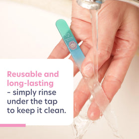 BONA FIDE BEAUTY Glass Nail File Aqua on a vanity table