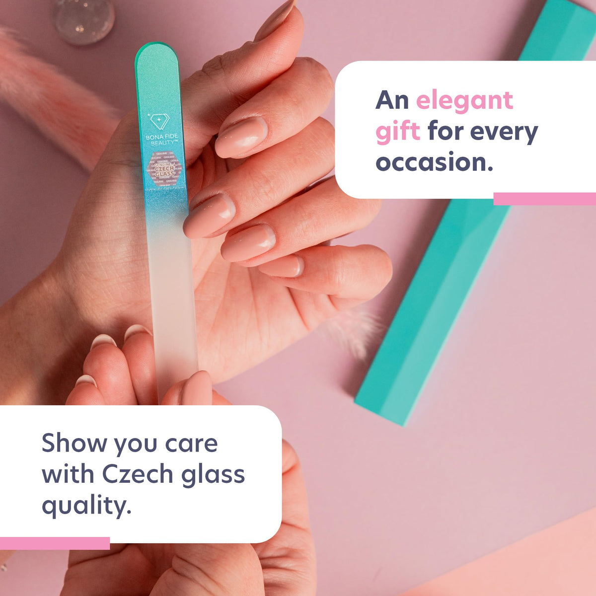 BONA FIDE BEAUTY Glass Nail File Aqua with packaging