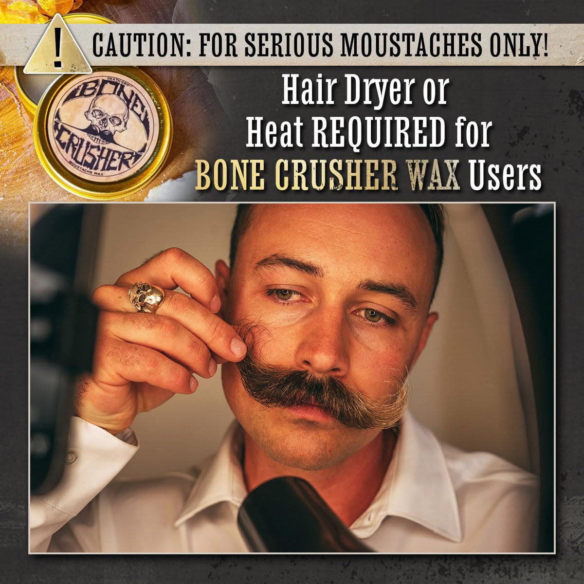 Bone Crusher Mustache Wax tin on grooming shelf