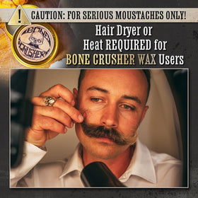 Bone Crusher Mustache Wax tin on grooming shelf
