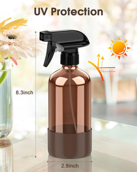 Bontip Amber Glass Spray Bottle set displayed with water and plants