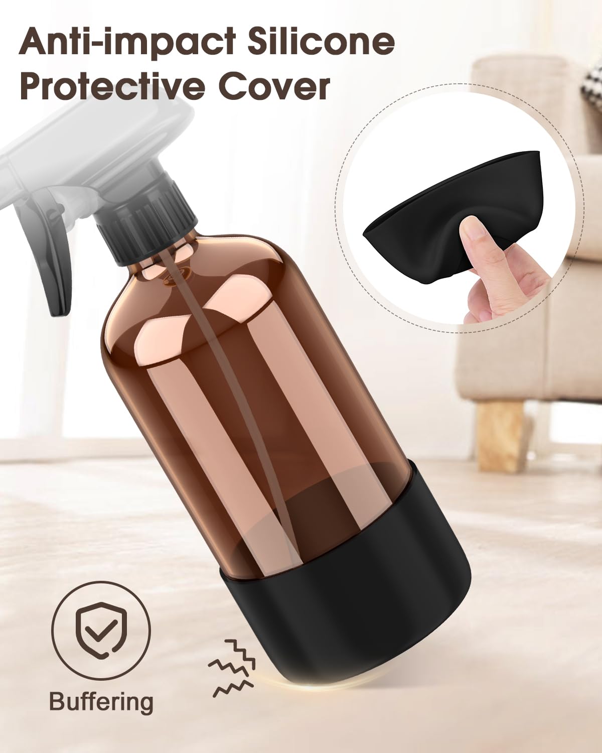 Bontip Amber Glass Spray Bottle Set with essential oils on a table