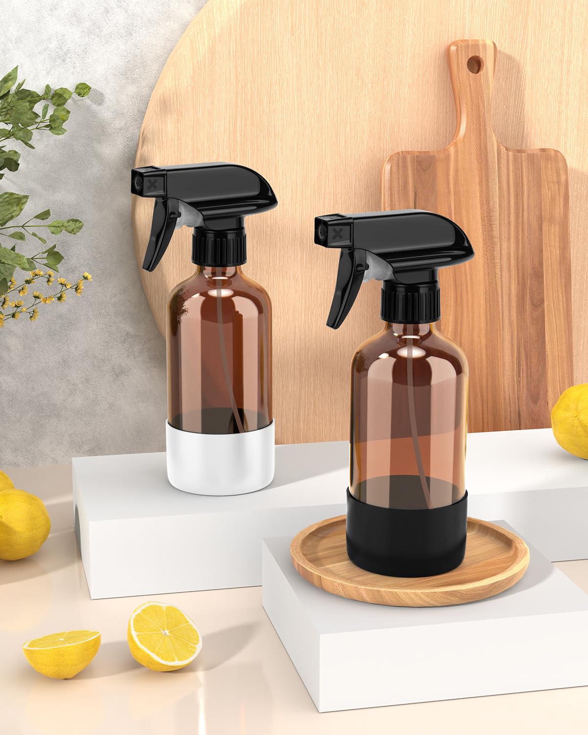 Bontip Amber Glass Spray Bottles set on a wooden table