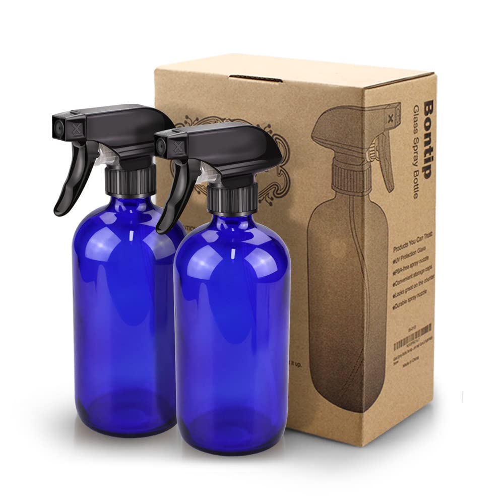 Bontip Blue Glass Spray Bottle Set displayed on a kitchen counter