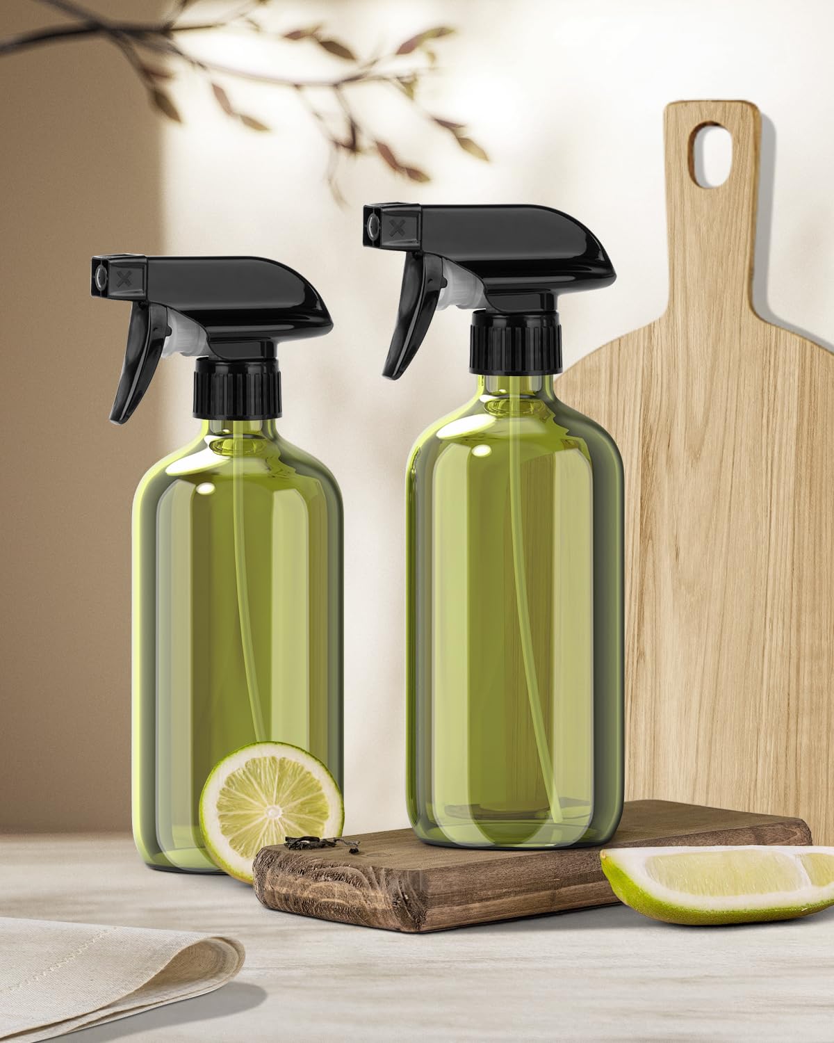 Bontip Glass Spray Bottle 16 oz olive green in kitchen setting
